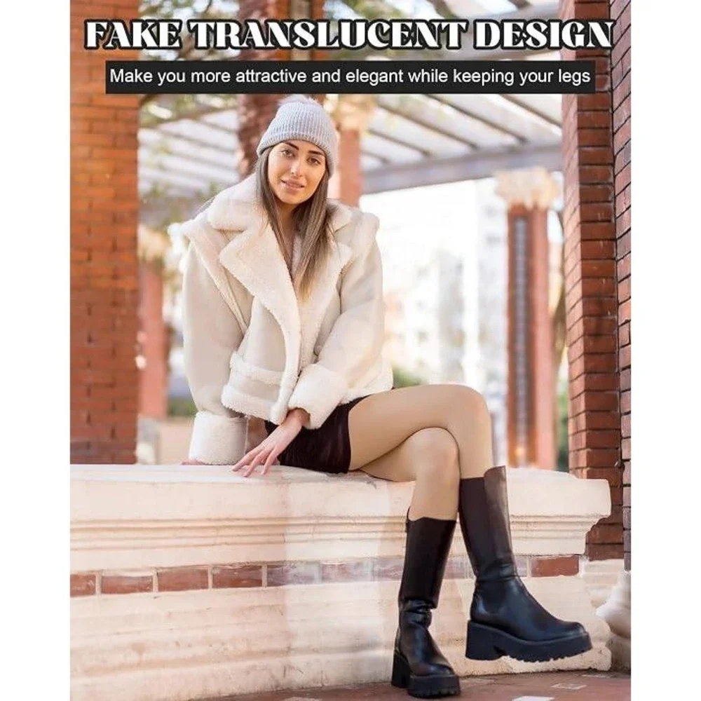 Womens Fleece Lined Tights Fake Translucent Thermal Winter Leggings Nude Beige